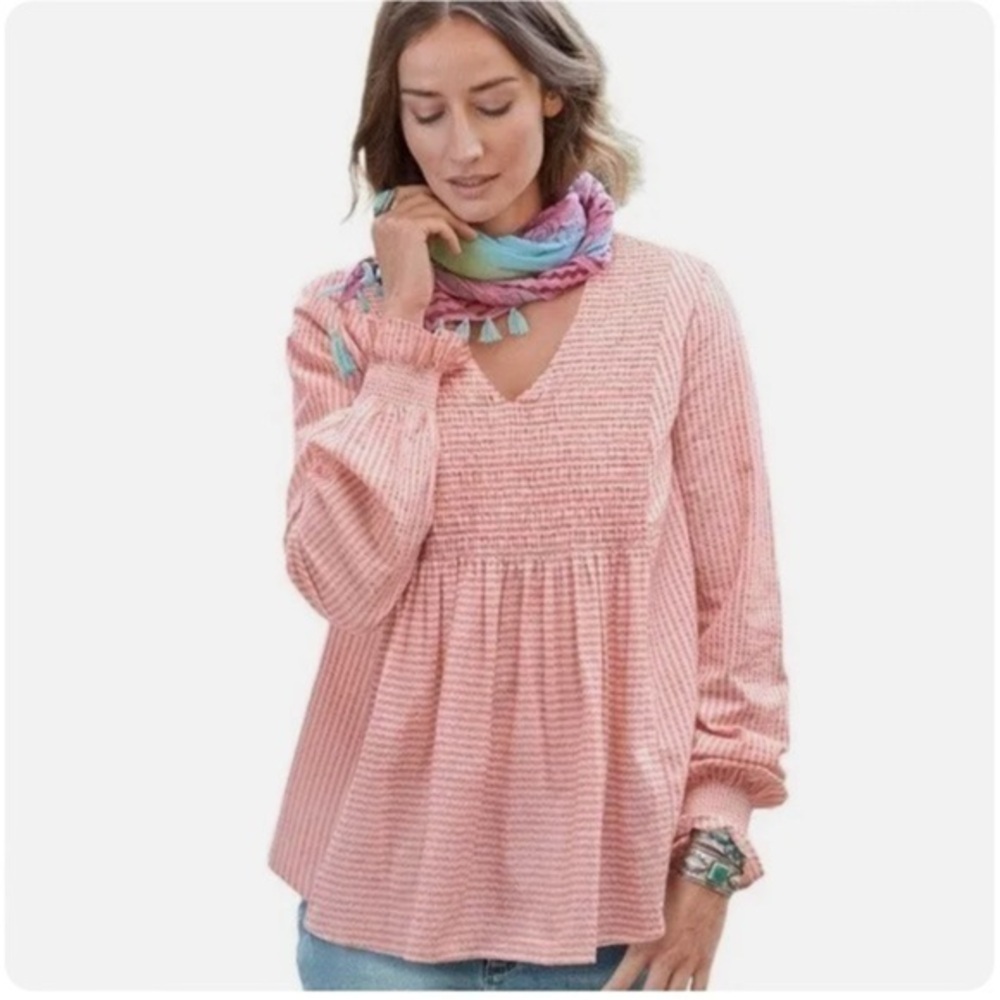 Sundance Julia Peach Striped Smocked V-Neck Top